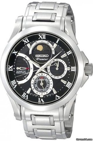 Seiko Premier Black Dial Stainless Steel Kinetic Mens Watch SRX001