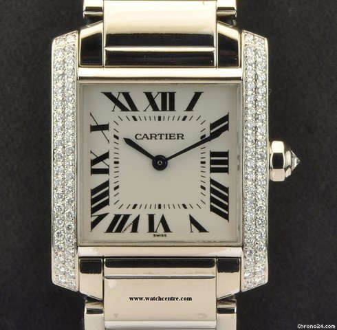 Cartier 18k W/G Diamond Case Mid Size Tank Francaise B&P