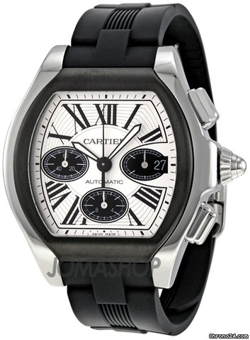 Cartier Roadster Chronograph Silver Dial Black Rubber Automatic Mens Watch W6206020