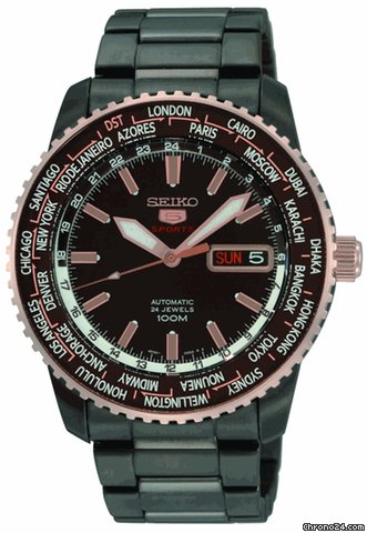 Seiko 5 Automatic World Time Brown Dial Stainless Steel Mens Watch SRP132
