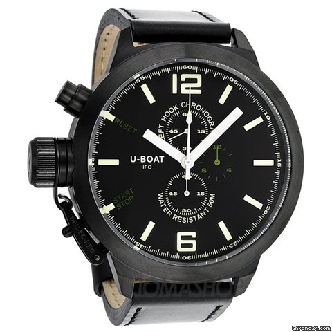 U-Boat Black-Green Dial Chronograph Black Leather Mens Watch 300