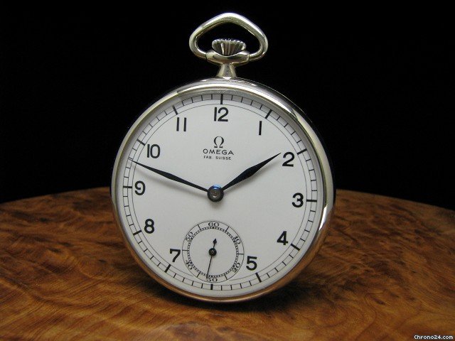 Omega Edelstahl Open Face Taschenuhr / Orig. Blatt