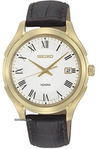 Seiko Gold-tone Black Leather Strap Mens Watch SGEF72