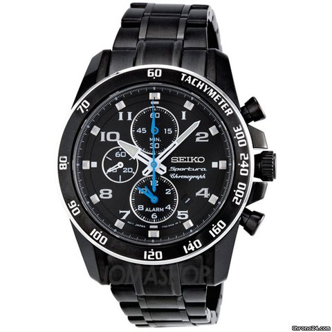 Seiko Sportura Black Dial Chronograph Stainless Steel Mens Watch SNAE77
