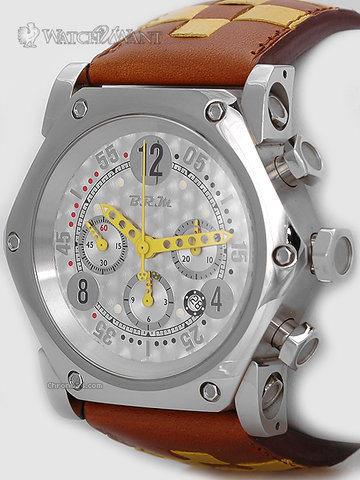 replica B.R.M SCR-48 GT Chronograph Ref. SCR-48-GT-BOU-AJ - 48mm Piston Shaped Stainless Steel Case - Silver Carbon Fiber Dial - Yellow Hands - BNIB - Brand New WATCHES 1
