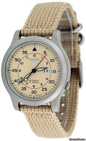 Seiko 5 Beige Dial Nato Strap Automatic Mens Watch SNK803K2