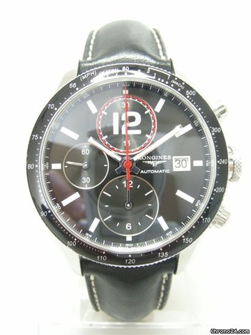 Longines Grande Vitesse chronographe steel/acier sur cuir cadran noir/black dial