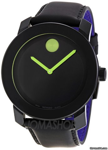 Movado Bold Large Green Accent Black Leather Strap Mens Watch 3600004