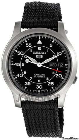 Seiko 5 Black Dial Black Canvas Strap Automatic Mens Watch SNK809K2
