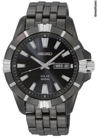 Seiko Solar Black Dial Black PVD Stainless Steel Mens Watch SNE177