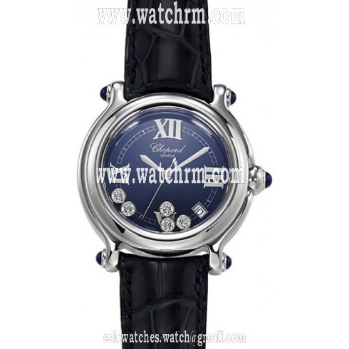 Chopard Happy Sport Blue Dial with Diamonds Black Leather Band Stainless Steel Case Ladies Quartz Watch CP288964-3003