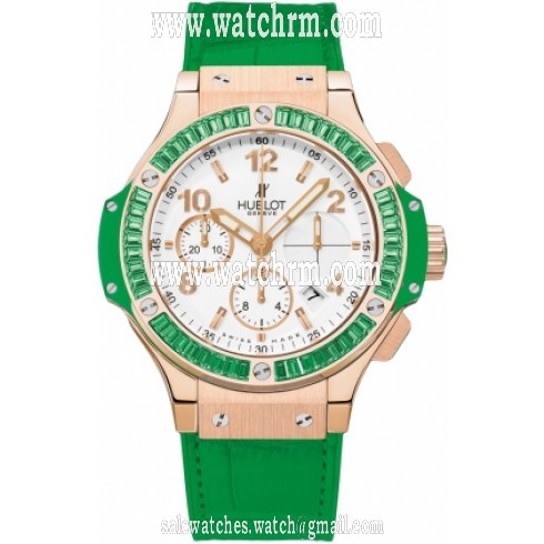 Hublot Big Bang Gold Tutti Frutti White Dial Alligator and Rubber Green Females Watch 341.PG.2010.LR.1922