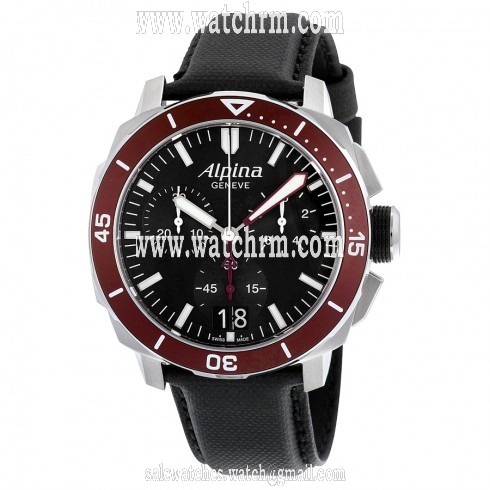 Alpina Seastrong Diver 300 Big Date Chronograph Black Dial Black Leather Men's Watch AL-372LBBRG4V6