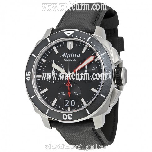 Alpina Seastrong Diver 300 Big Date Chronograph Black Dial Black Leather Men's Watch AL-372LBG4V6