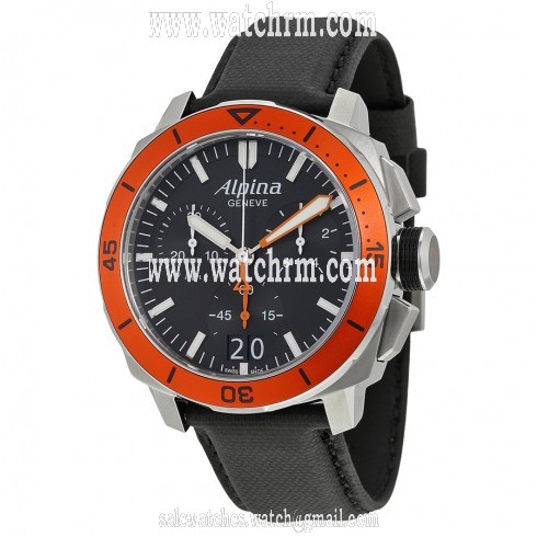 Alpina Seastrong Diver 300 Big Date Chronograph Black Dial Black Leather Men's Watch AL-372LBO4V6