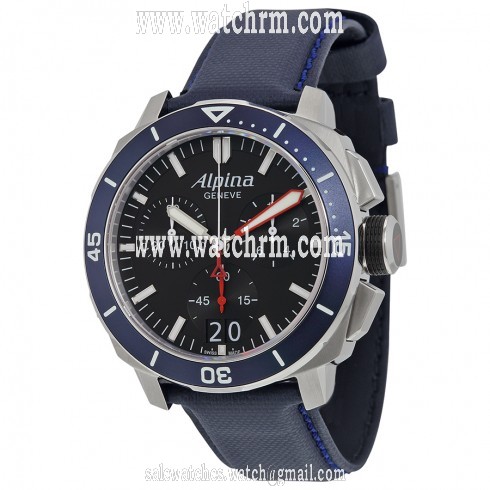 Alpina Seastrong Diver 300 Big Date Chronograph Black Dial Navy Leather Men's Watch AL-372LBN4V6