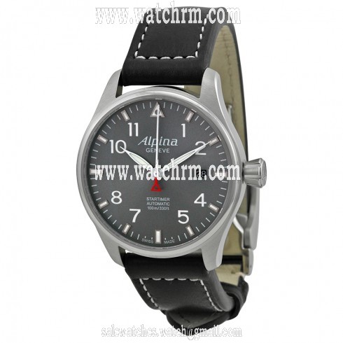 Alpina Startimer Pilot Automatic Grey Dial Black Leather Men's Watch AL-525G3S6