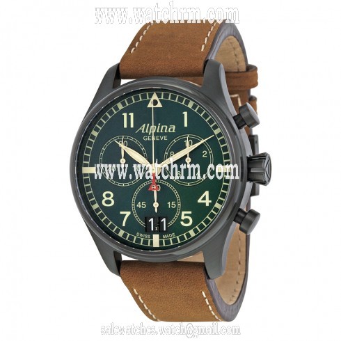 Alpina Startimer Pilot Chronograph Green Dial Brown Leather Men's Watch AL-372GR4FBS6