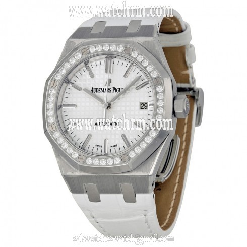 Audemars Piguet Royal Oak Automatic Diamond Silver Dial White Leather Ladies Watch 15451ST.ZZ.D011CR.01