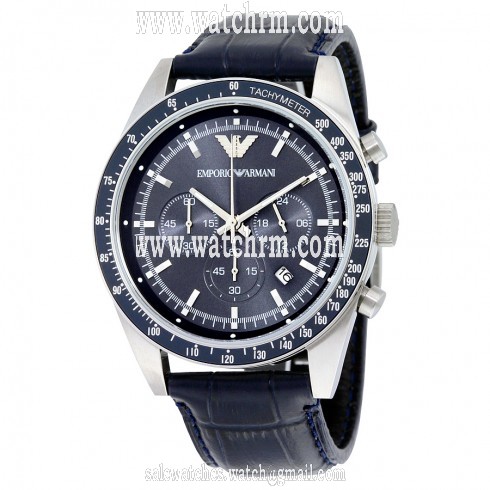 Armani Navy Blue Dial Chronograph Black Leather Men's Watch AR6089