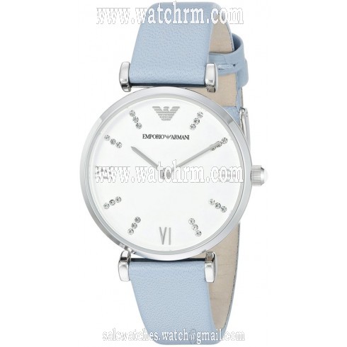 Armani Silvery White Dial Pale Blue Leather Ladies Watch AR1928