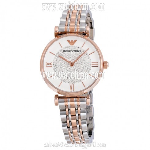 Armani White Crystal Pave Dial Two Tone Stainless Steel Ladies Watch AR1926