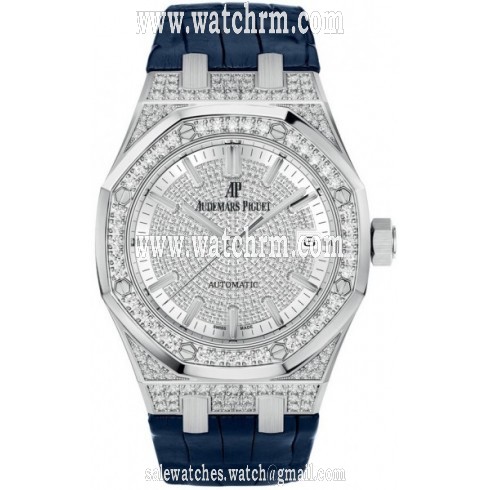 Audemars Piguet Royal Oak Diamond Pave Dial Blue Leather Strap Automatic Men's Watch 15452BCZZD019CR01