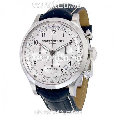 Baume and Mercier Capeland Silver Dial Chronograph Blue Leather Men's Watch 10063