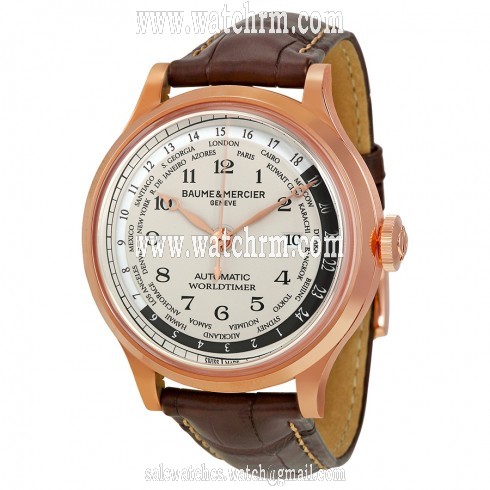 Baume and Mercier Capeland Worldtimer Beige Dial 18kt Rose Gold Brown Allgator Leather Men's Watch 10107
