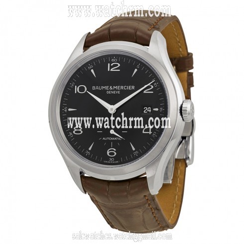 Baume and Mercier Clifton Black Dial Stainless Steel Brown Leather Automatic Men's Watch 10053