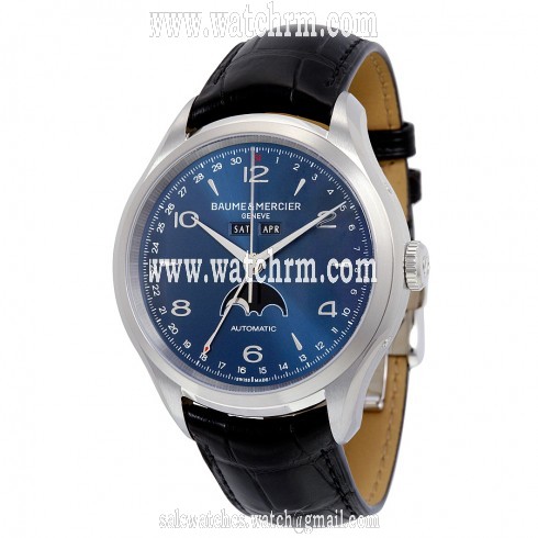 Baume and Mercier Clifton Blue Dial Moonphase Black Alligator Men's Watch 10057