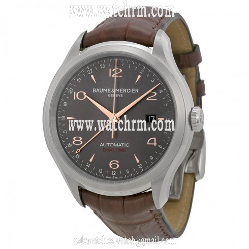 Baume and Mercier Clifton Dual Time Grey Dial Brown Alligator Leather Men's Watch 10111