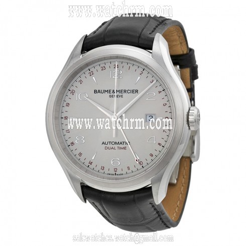 Baume and Mercier Clifton Dual Time Silver Dial Black Alligator Leather Men's Watch 10112
