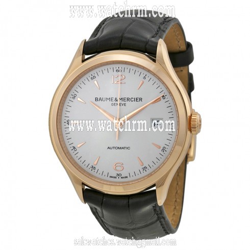 Baume and Mercier Clifton Silver Dial 18kt Rose Gold Black Alligator Leather Men's Watch 10058