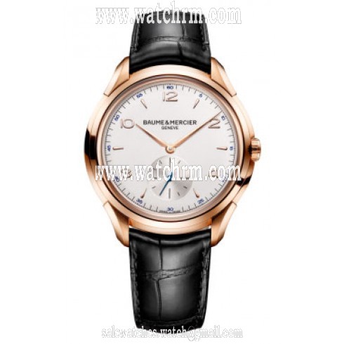 Baume and Mercier Clifton Silver Dial 18kt Rose Gold Black Alligator Leather Men's Watch 10060