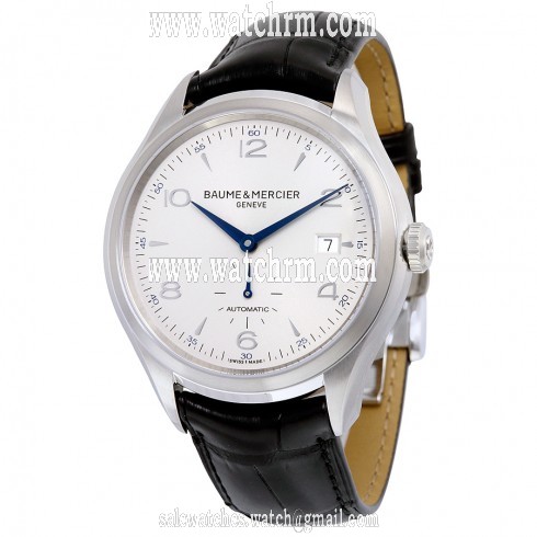 Baume And Mercier Clifton Silver Dial Black Leather Automatic Men's Watch 10052