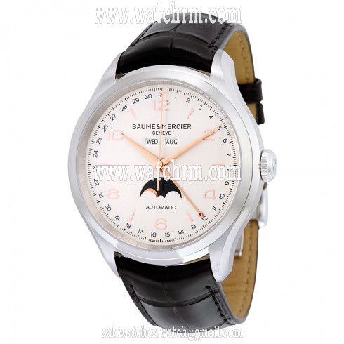 Baume and Mercier Clifton Silver Dial Moonphase Black Alligator Leather Men's Watch 10055