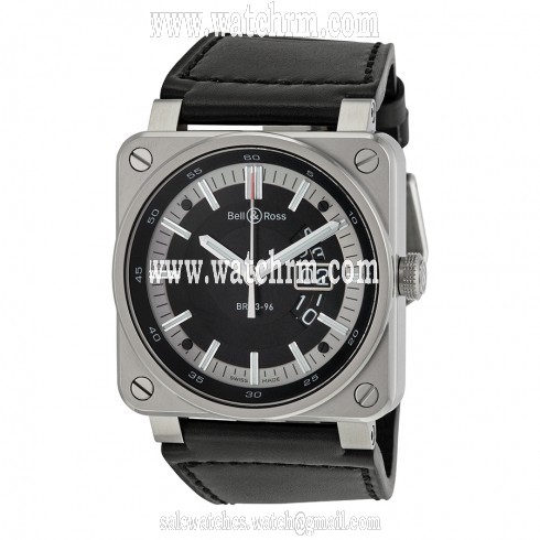 Bell and Ross Aviation Automatic Black Dial Square Black Leather Men's Watch BR0396-SI-ST