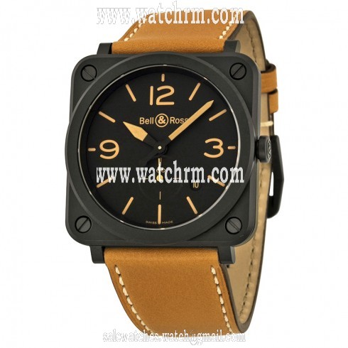 Bell and Ross Black Dial Beige Calfskin Leather Men's Watch BLRBRS-HERI-CEM