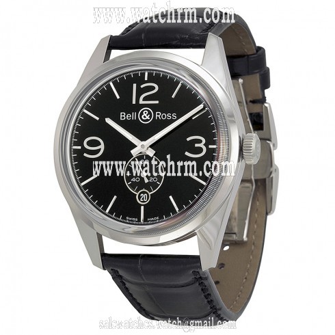 Bell and Ross Vintage Officer Black Dial Black Leather Men's Watch BRG123-BL-ST-SCR