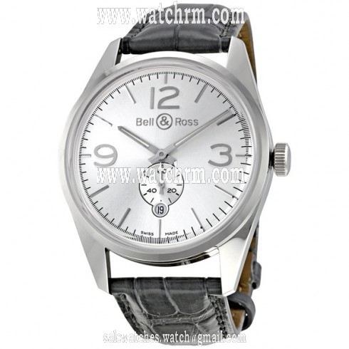 Bell and Ross Vintage Officer Silver Dial Grey Alligator Strap Automatic Men's Watch BR123-OFFICER-SIL
