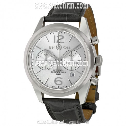 Bell and Ross Vintage Officer Silver Dial Stainless Steel Grey Leather Men's Watch BRG126-WH-ST-SCR