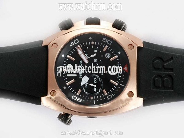 Bell Ross Chronograph BR02-92 Pink Gold 44mm Midsize Black Rubber Strap Watch