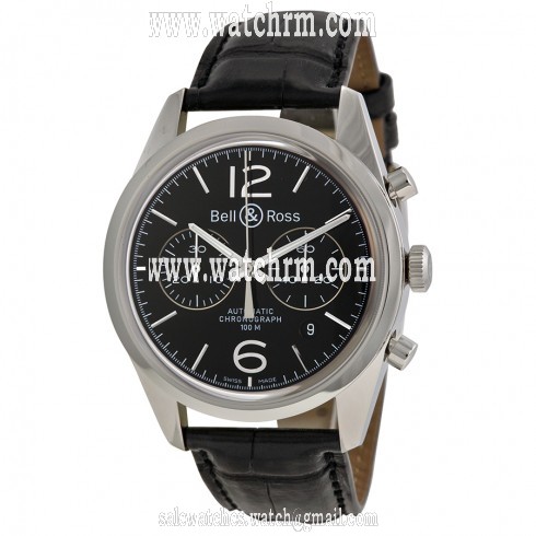 Bell & Ross Vintage Officer Automatic Chronograph Black Dial Black Leather Men's Watch RBRG126-BL-ST-SCR