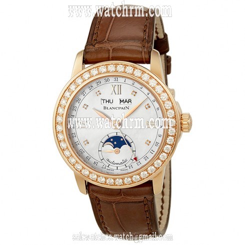 Blancpain Leman Moonphase Mother of Pearl Dial 18kt Rose Gold Brown Leather Diamond Ladies Watch 2360-2991A-55