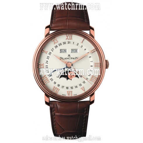 Blancpain Villeret Moonphase White Dial 18kt Rose Gold Brown Leather Men's Watch 6654-3642-55B