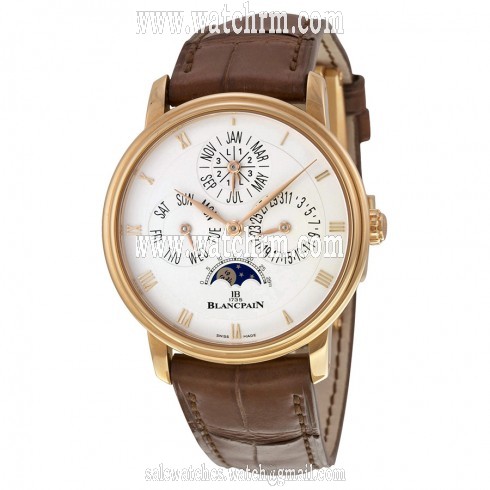 Blancpain Villeret Perpetual Calendar Silver Opaline Dial Black Leather Men's Watch 6057-3642-55B