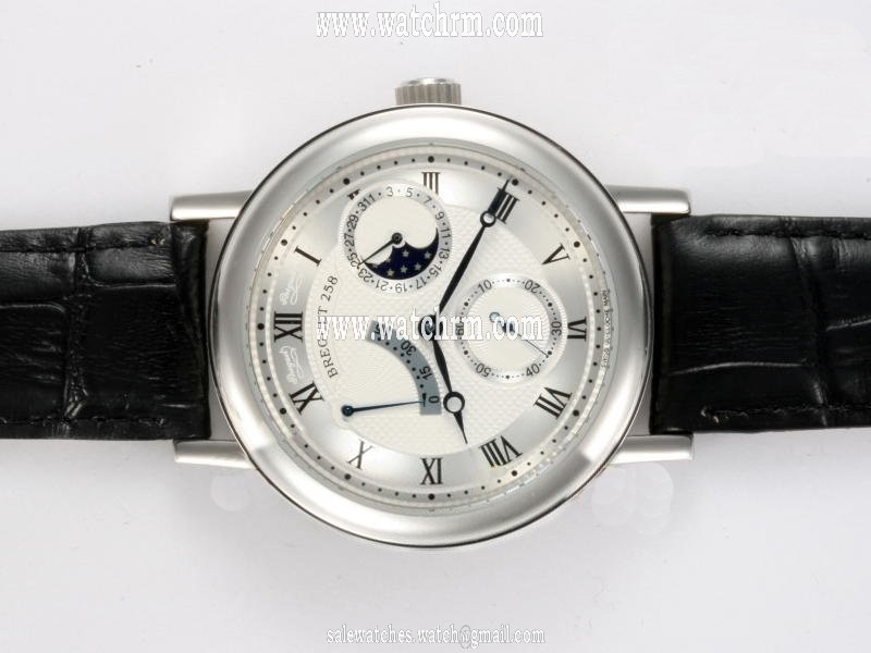 Breguet Classique Moonphase 7137BB/11/9V6 Black Cow Leather Strap Stainless Steel Bezel Mens Watch