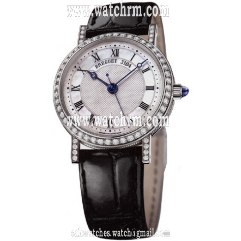 Breguet Classique Mother of Pearl Dial 18kt White Gold Diamond Black Leather Ladies Watch 8068BB52964DD00
