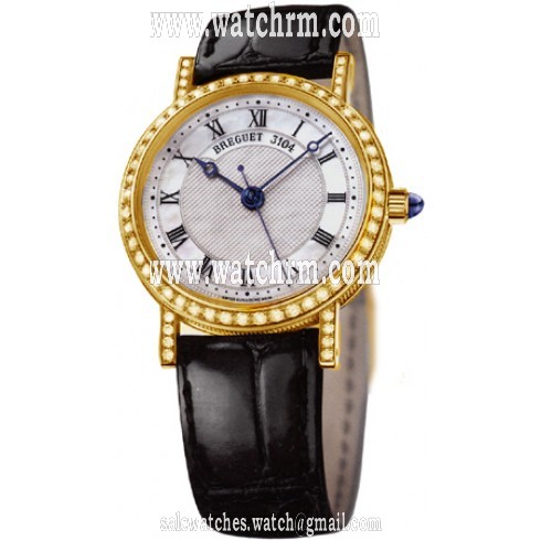Breguet Classique Mother of Pearl Dial 18kt Yellow Gold Diamond Black Leather Ladies Watch 8068BA52964DD00
